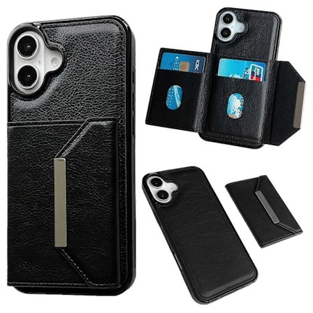 Skal till iPhone 16 med Kortfack, Ställ, TPU+PU Telefonskydd - Grå