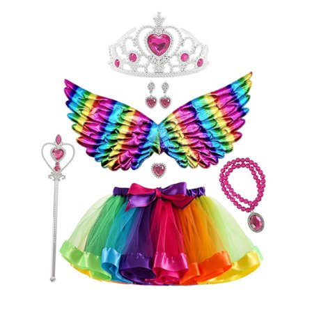 Flickor Regnbåge Färgglad Ballet Tutu Kjolar med Krona Vinghalsband Set