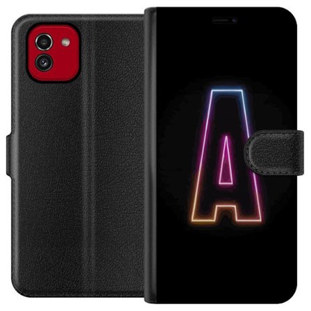 Kompatibel Tegnebogsetui til Samsung Samsung Galaxy A03 Minimalistisk neonbogstav A i regnbuefarvet lys mod sort baggrund i moderne typografisk stil