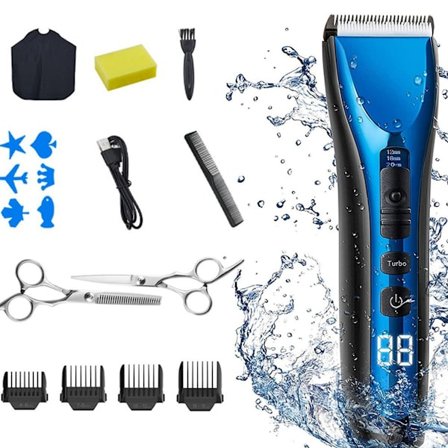 Elektrisk hårklippesett med frisørsaks og 4 avgrensningskammer