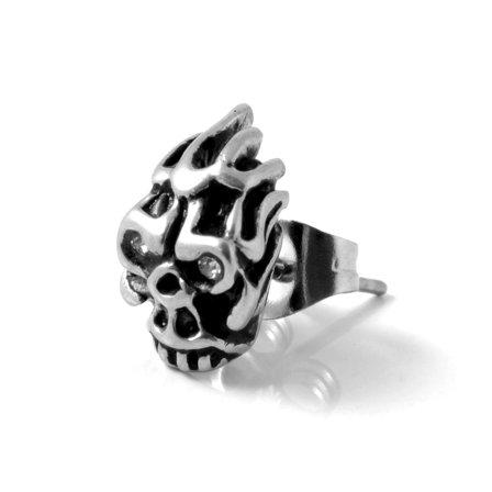 Sentio | Pendiente de calavera en llamas de acero inoxidable plateado con circonitas para hombres - Pendientes con cierre a presión