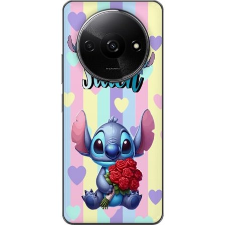 Kompatibelt Mobildeksel til Xiaomi Redmi A3 Romantisk illustrasjon av Stitch som holder røde roser mot stripet bakgrunn