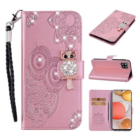 Rhinestone-dekorert skinnimitasjon lommebok stativ telefondeksel for Samsung Galaxy A42 5G