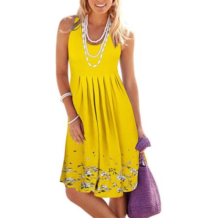 Kvinner Sommer Casual Løs Blomstertrykk Plissert Ermeløs Midi Vest Sol Kjoler for Strand Bryllup Fest GUL XL