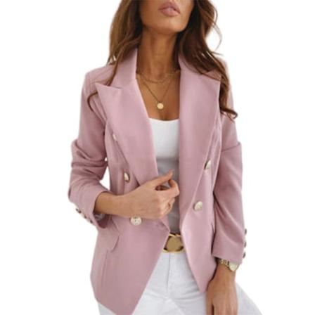 Dobbeltspentet Blazer for kvinner med lange ermer, frakk, formell, forretningsmessig, uformell, slim fit, yttertøy, rosa Pink 2XL