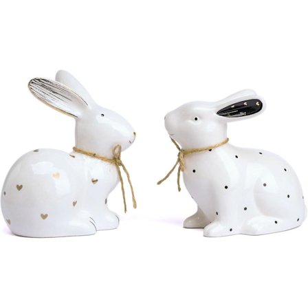 Valery Madelyn 2-pack Påskdekorationer, Vårfestdekoration, Keramisk Kaninfigur, Vit Kaninfigur, Kaninpynt med Polka Dot för Hemmet