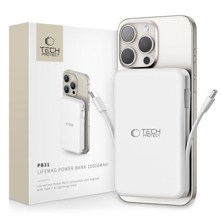 Tech-Protect LifeMag PB31 10000mAh Power Bank MagSafe 15W USB-C / USB-A / Lightning - Valkoinen