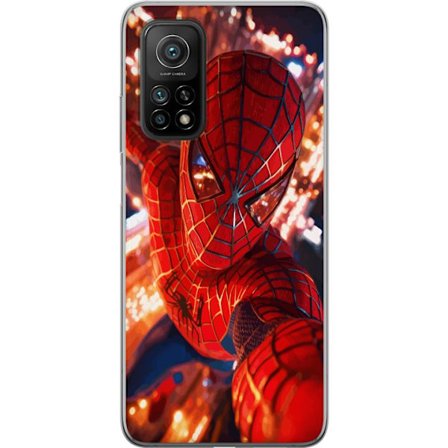 Yhteensopiva Puhelinkuori Xiaomi Xiaomi Mi 10T Pro 5G Spider Man intensiivisessä toiminnassa välkkyvien valojen ja dynaamisen perspektiivin kera elo