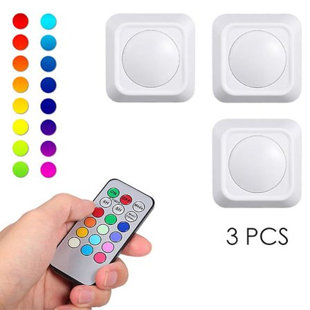 4. 5V 1W RGB Farveskiftende LED Puck Lys 3-pak Batteridrevet med Fjernbetjening Timer Tidsindstilling Timefunktion 12 Farver