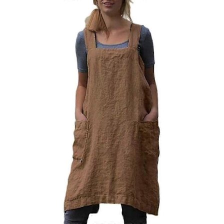 Puuvillapellavaesiliina ristikkäisellä selkäosalla, taskuilla varustettu naisten esiliinamekko leivontaan ja ruoanlaittoon