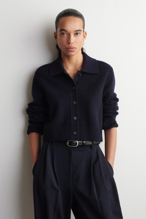 COS Women's Collared Merino Wool Cardigan in Navy