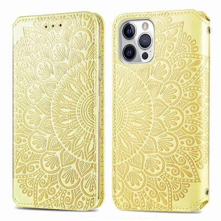 Case för Iphone 12 Pro plånboksmönster Etui Handytasche Coque präglat cover - guld