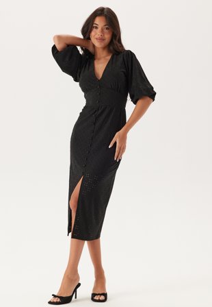 Bubbleroom - Broderie Anglaise Puff Sleeve Dress - Black - Kläder