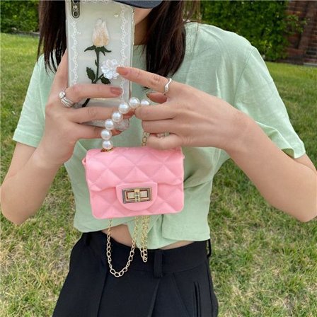 Kvindernes taske mini firkantet taske ren farve perle håndtaske kæde skulder messenger taske