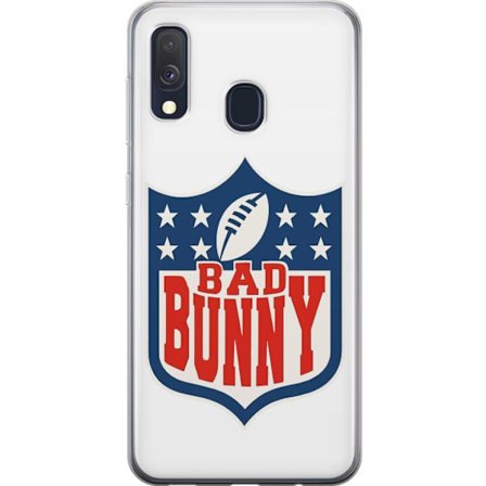 Kompatibelt Mobildeksel til Samsung Galaxy A40 Bad Bunny rød grafisk plakat med portrett og typografi i latinamerikansk popdesign