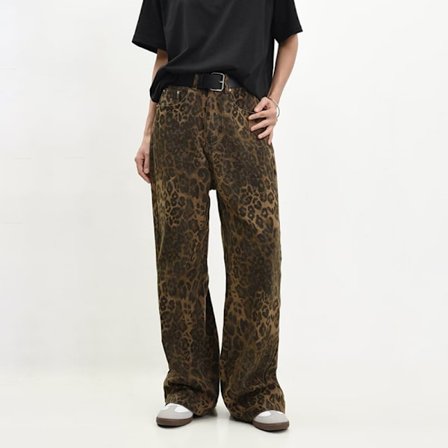Tan Leopard Jeans Dame Denim Bukser med brede ben Leopard print