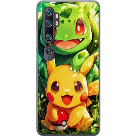 Xiaomi Mi Note 10 Genomskinligt Skal Pikachu och Bulbasaur sitter tätt tillsammans i ett solglittrande skogslandskap och sprider värme, vänskap och