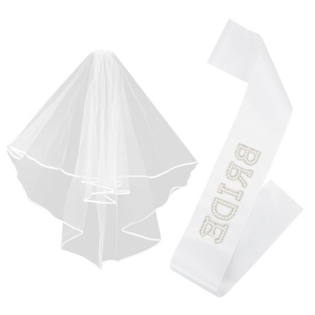 Brudeslør og Skærf Sæt, Hvide Perle Satin Brud Til Være Tilbehør til Polterabender, Brudefest og Forlovelsesdekoration