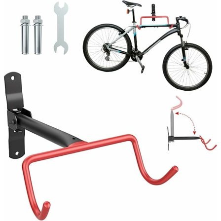 Seinään kiinnitettävä pyöräteline, raskas pyöräteline varastoon, vaakasuora perävaunun vetokoukku liukumattomalla kumikerroksella, koukku 