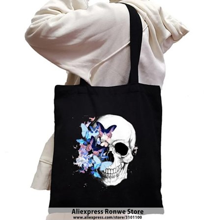 Butterfly and Skull Large-capacity Women Shopping Canvas Tote Bag Girl Female Lady Reusable Eco Shoulder Handbags,Drop Ship