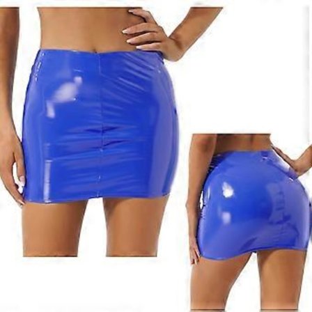 Dame Sexede Nederdele Blankt Patent Læder Mininederdel Ensfarvet Elastisk Taljebånd Blyant Nederdel Skinnende Våd Look Latex Nederdel Klubtøj (L blå)