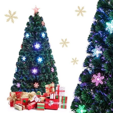LED Juletræ 150CM COSTWAY Fiber Optisk Gren Lysevarierende med Toppestjerne Sne Dekoration