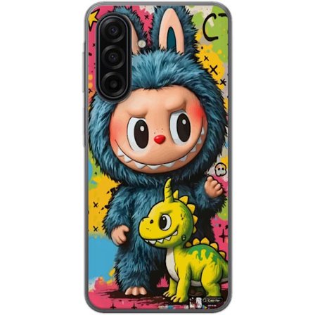 Samsung Galaxy A17 5G Gennemsigtig cover Sød figur i blå monsterkostume Labubu med lille gul dinosaur farverig kawaii kunst sød legesyg tegneserie