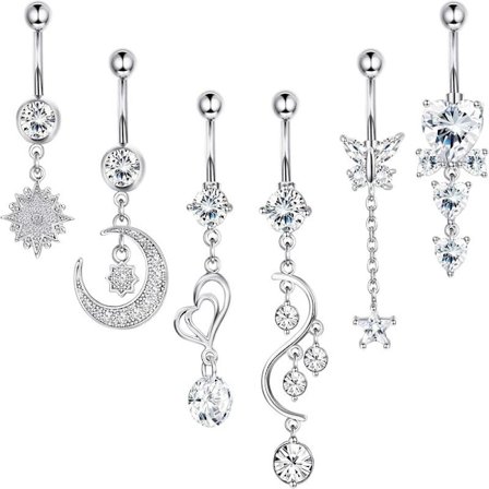 6 stk 14G Navlepiercing med anheng for kvinner Kirurgisk stål