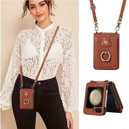 Puhelinkotelo Samsung Galaxy Z Flip 6:lle, lompakko, suojakuori crossbody-hihnalla, sormipidikkeellä ja RFID-luottokorttipidikkeellä