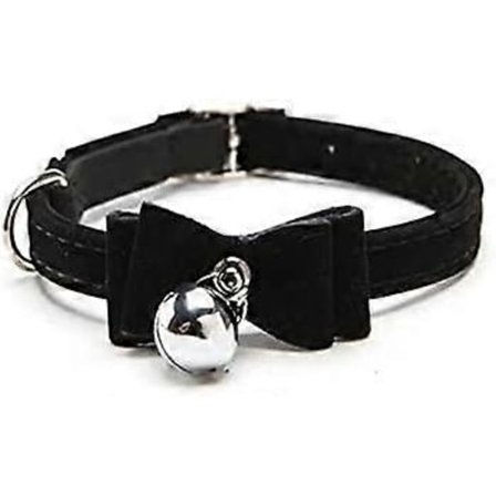 Säädettävä, pehmeä ja turvallinen samettikissapanta kellolla ja tuplarusettilla (musta)