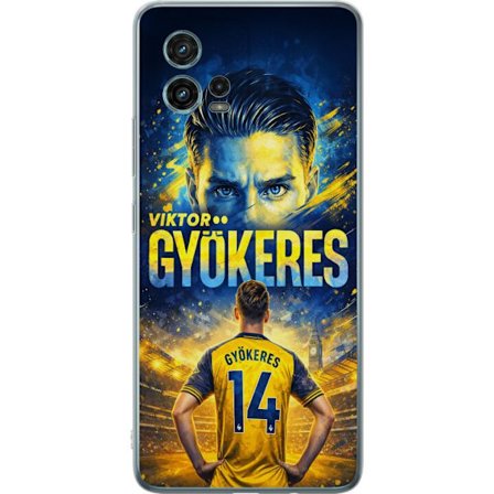 Kompatibelt Mobildeksel til Motorola Motorola Moto G72 Viktor Gyökeres fotballplakat i gult og blått med dramatisk stadionbakgrunn, sportillustrasjo