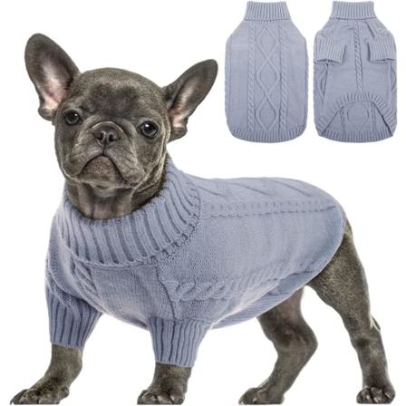 Lille hundetrøje, kold vejr kabelstrik, turtleneck tykt varmt tøj til chihuahua, bulldog, gravhund, mops, yorkie (grå, stor)
