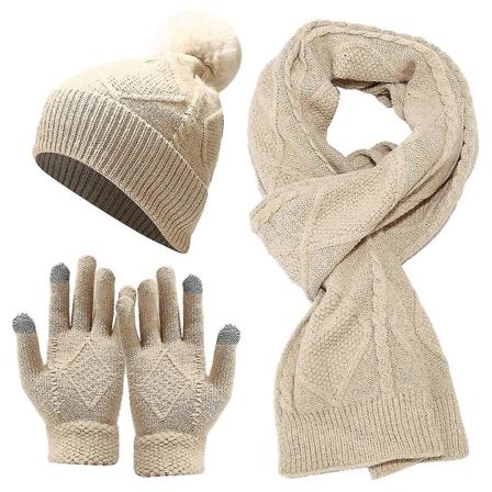 Dame Vinter Strikket Varm Lue + Langt Skjerf + Hansker Sett Luer Hals Skjerf For Kvinner Menn - Beige beige