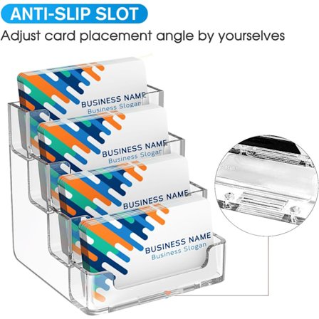 Gjennomsiktig visittkortholder med 4 lommer, visittkortholder i akryl for skrivebord eller skranke med 4 nivåer, kapasitet på 320 kort, 1 pakke