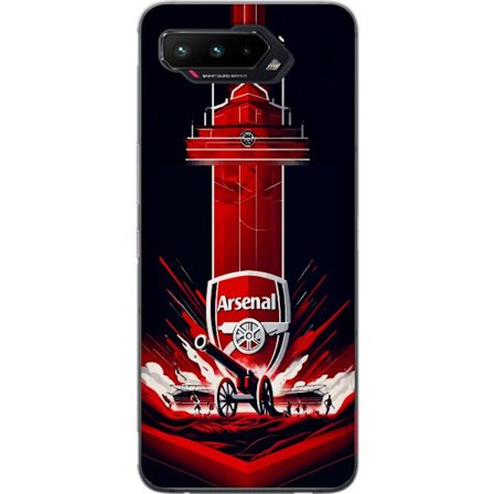 Yhteensopiva Puhelinkuori Asus ROG Phone 5 Arsenal-embleemi, jossa tykki ja stadionmotiivi voimakkaassa punaisessa ja valkoisessa urheilusuunnitteluss