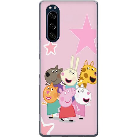 Yhteensopiva Puhelinkuori Sony Xperia 5 Peppa Possu ja ystävät kerääntyneinä tähtien kanssa vaaleanpunaisella taustalla, värikäs lasten kuvitu
