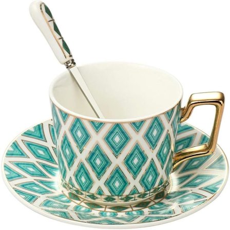 Porcelæn Te Kop og Underkop Sæt Vintage Porcelæn Kaffe Kop Sæt Kaffe Krus med Ske God til Spisestue og Borddekoration (Grønt Gitter)