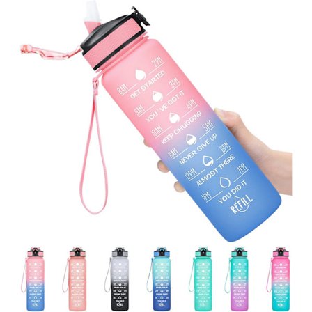 1 liters Motiverende Fitness Sports Vandflaske med Sugerør, Plastik Drikkeflaske