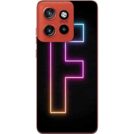 Yhteensopiva Puhelinkuori Motorola Motorola Edge 50 Neo Neonkirjain F vaaleanpunaisella, sinisellä ja keltaisella valokehyksillä tummaa taustaa vast