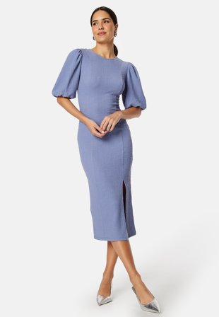 Bubbleroom - Puff Sleeve Slit Dress - Dusty blue - Kläder
