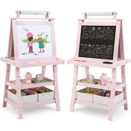 COSTWAY børnetavle - magnetisk hvid og sort, papirrulle (papir inkluderet), 3 hylder og 2 lyserøde opbevaringsbeholdere