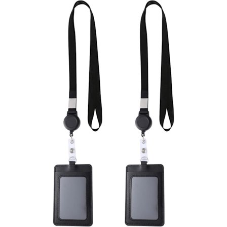 2-pakning ekte skinn ID-kortholdere med skulderstropper og elastisk funksjon; Student ID-kortholder; Utstillingsbusskortholder (Svart)