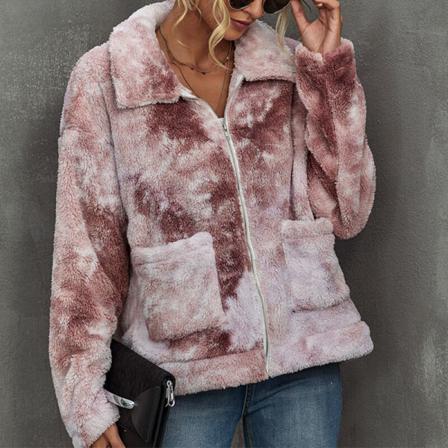 Kvinnor Tie-dyed Fleece Ytterkläder Långärmad Full Zip Pocket Jacka