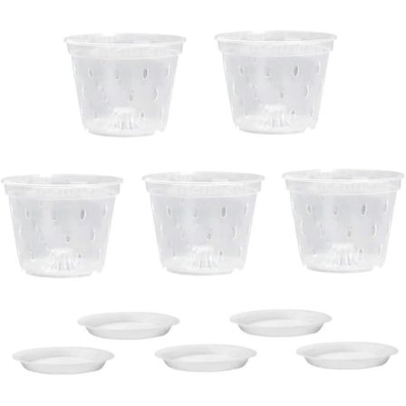 Orkidépotter, klare orkidépotter med huller og underskåle, åndbare orkidépotter i plastik med slidser til indendørs og udendørs brug, 5 sæt, 