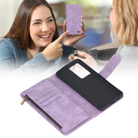 Wallet etui med magnetisk lukning, flip etui med kortholder og indbygget stativ til Galaxy S21 Ultra Lilla