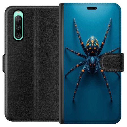 Kompatibelt Lommeboketui til Sony Xperia 10 IV Dramatisk makroillustrasjon av eksotisk edderkopp i blått og orange mot minimalistisk bakgrunn.