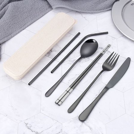 Reisebestikk med etuisett, bærbare spisepinner skje gaffel, bruk for skole hjemmekontor camping utendørs