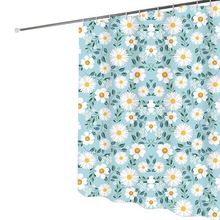 Blommig duschdraperi, tecknade blommor prästkragar vårtid