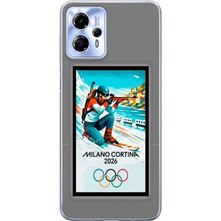 Yhteensopiva Puhelinkuori Motorola Moto G13 Retrojuliste Cortina Milano 2026 vuorilla, talviurheilijoilla, italiankoloreilla, Milanon tuomiokirkolla j