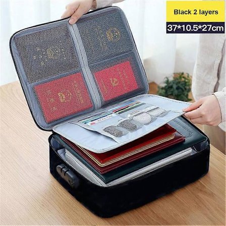 Brandsikker dokumentboks 37x27x10cm 2-lags dokumentsikkerhedstaske filopbevaringsboks med lås vandtæt lynlås bærbar